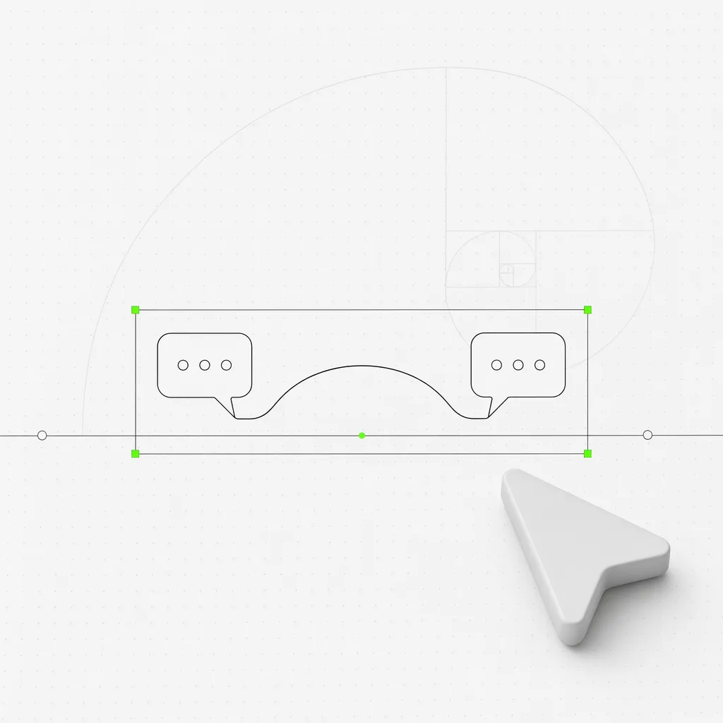 Deux bulles de conversation reliées par un fil ininterrompu qui dessine un arc au-dessus d'un vide dans la chronologie, le fil reconnecté encadré à l'intérieur d'une boîte de sélection verte sur un fond éditorial presque blanc