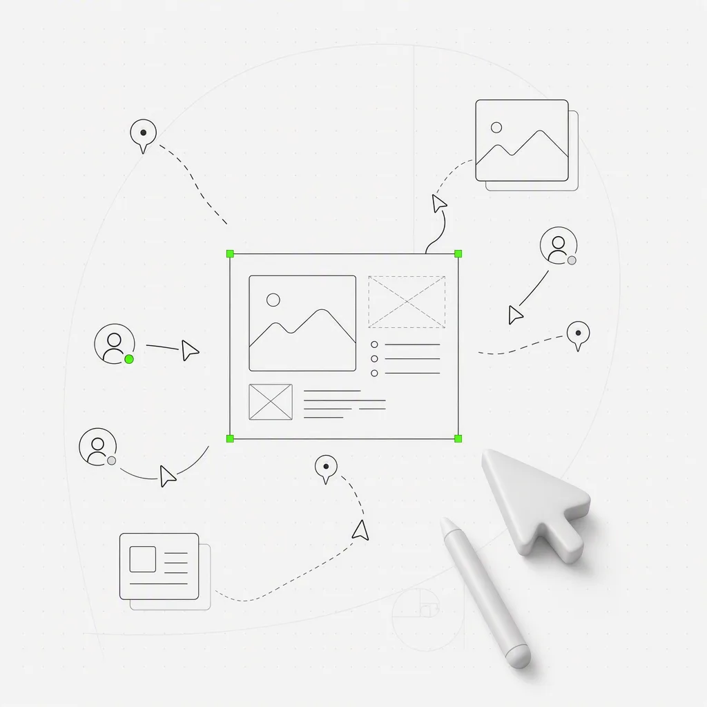 Un espace de design partagé avec un canvas de projet central, plusieurs curseurs de collaborateurs et des repères de commentaires, contenus dans un cadre de sélection vert précis sur un fond éditorial presque blanc