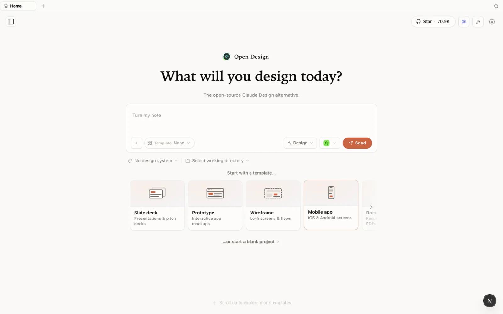 La page d'accueil d'OpenDesign — une alternative à Claude Design open source, locale et agent-native.