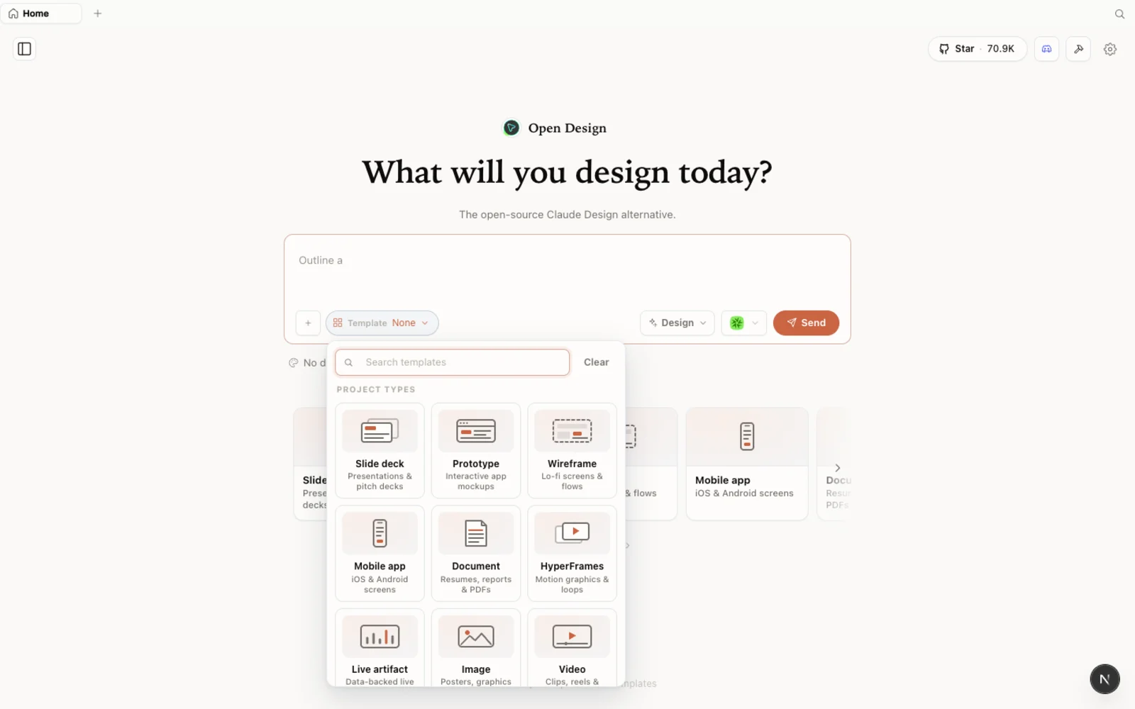 La bibliothèque de templates d'OpenDesign, avec des points de départ pour prototypes, images et vidéos.